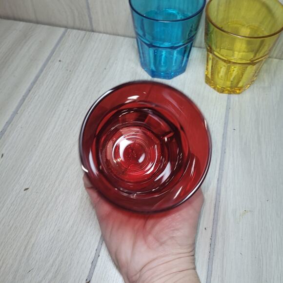 Set Of 3 Rainbow Glasses Red Blue Yellow Small Tumblers Water Glass Barware - Picture 5 of 8